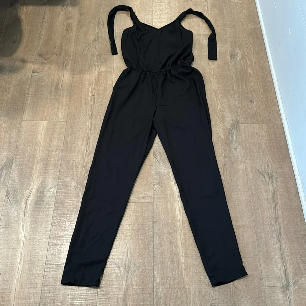 Dex Size X-Small Solid Black Halter Pants Jumpsuit sleeveless v-neck poc… - Picture 2 of 7